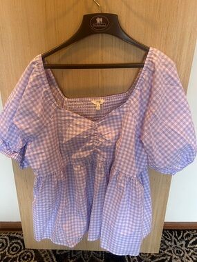 Terra & Sky Lavender Gingham Peplum Puff-Sleeve Tunic
